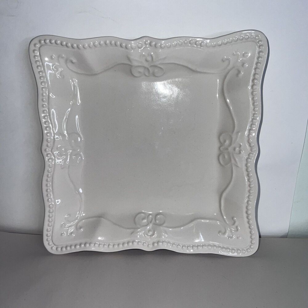 1 Pioneer Woman Square Dish Beaded Scroll Edge 8” Salad Dish Cream  Color